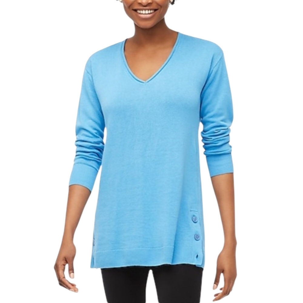 J.Crew Factory Linen Blend Tunic Sweater Rolled Neck Blue Oversized NWT Size XS